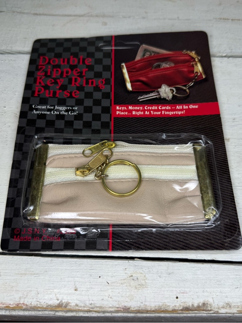 NOS Vintage J.S.N.Y. MONEY COINS CREDIT CARDS WOMEN'S  DOUBLE ZIPPER KEY RING